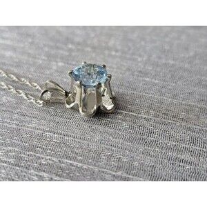 Aquamarine Solitaire Gemstone Pendant Necklace 925 Sterling Silver 18” Marked